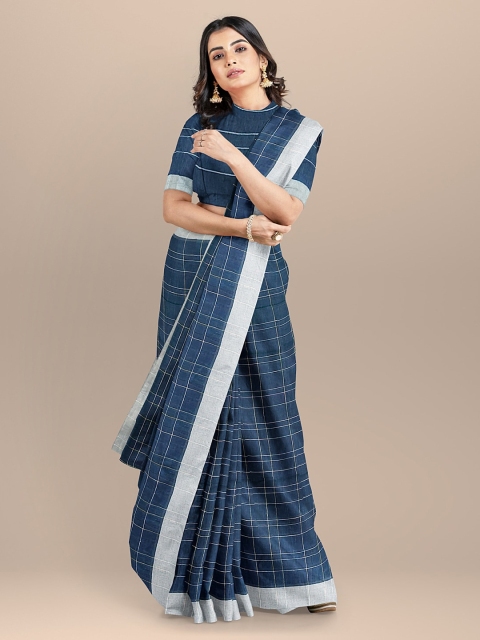 

BharatSthali Navy Blue Checked Handloom Pure Linen Bhagalpuri Sustainable Saree