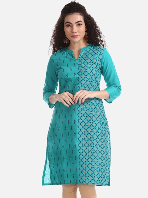 

Karigari Women Sea Green Printed Straight Kurta