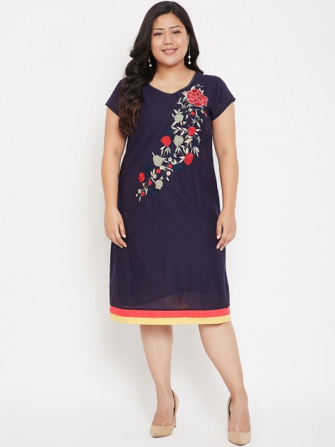 CHROME & CORAL Women Navy Blue Embroidered A-Line Dress