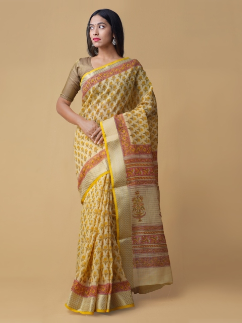 

Unnati Silks Yellow & Gold-Coloured Pure Cotton Printed Handloom Saree