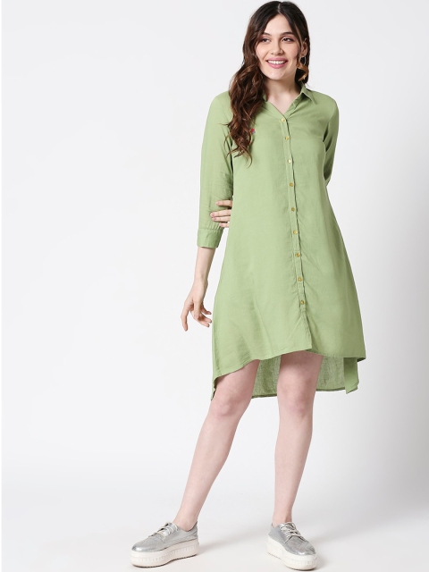 

TERQUOIS Women Green Embroidered A-Line Linen Dress