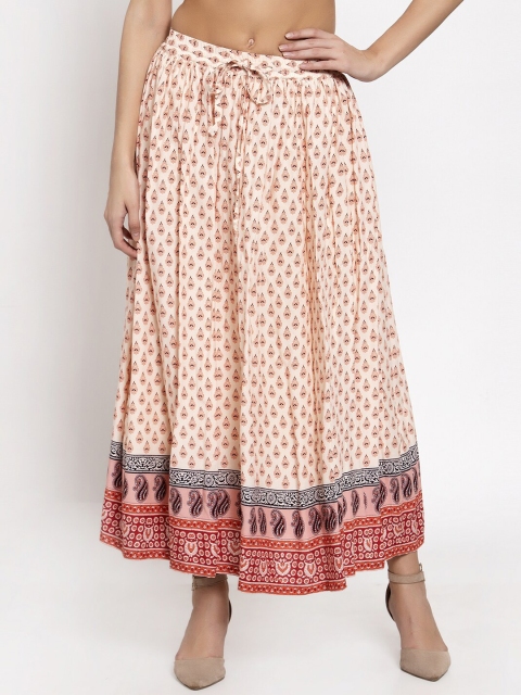

Ayaany Women Cream & Orange Ethnic Motif Pure Cotton Skirts