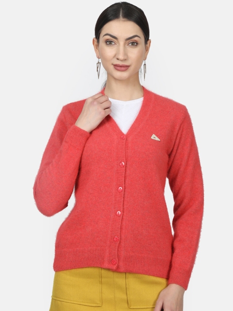 

Monte Carlo Women Coral Red Solid V-Neck Cardigan