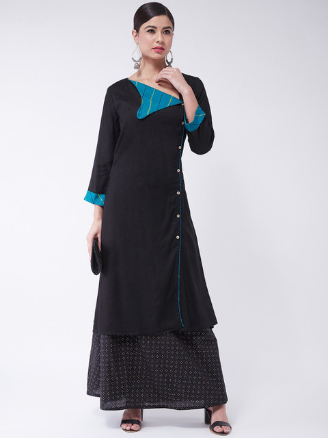 

InWeave Women Black Self Design Kurta with Skirt