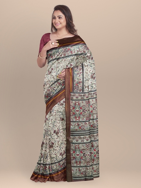 

BharatSthali Cream-Coloured & Maroon Pure Silk Printed Tussar Sustainable Saree
