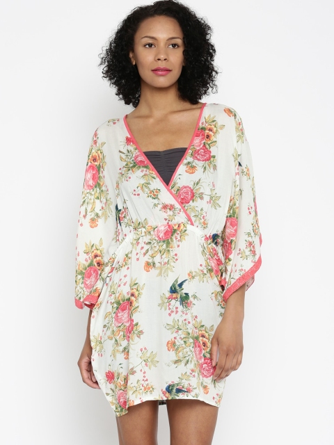 

The Kaftan Company Women Off-White & Pink Floral Printed Kaftan Dress