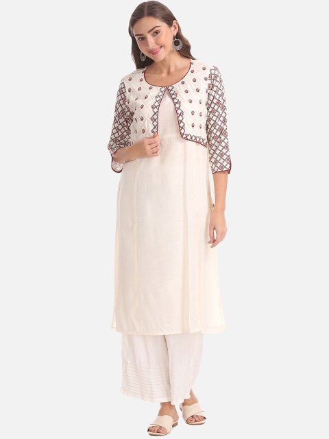 Karigari Women Off-White Solid Straight Kurta