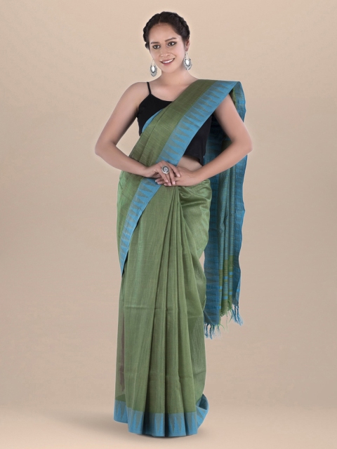 

BharatSthali Green & Blue Linen Blend Solid Bhagalpuri Sustainable Saree