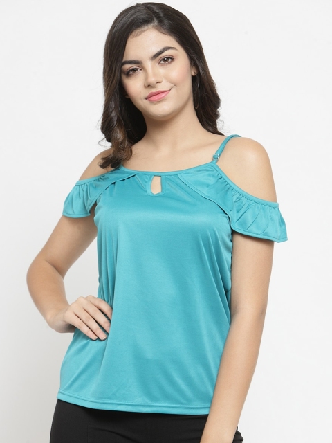 

Purple State Women Turquoise Blue Solid Bardot Top
