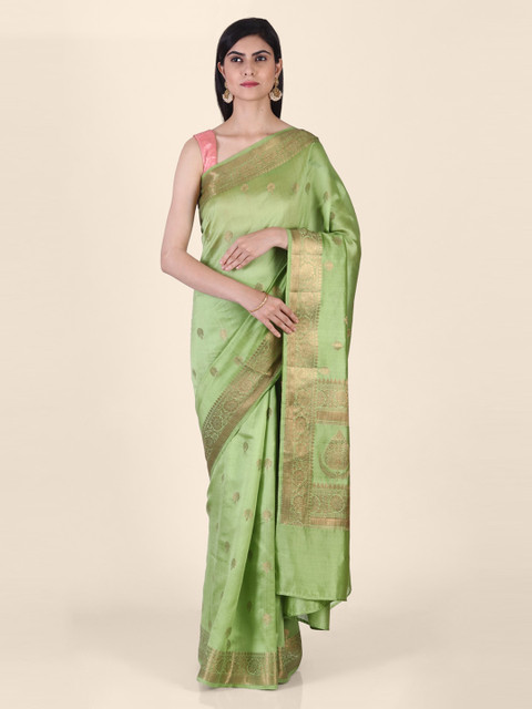 

Shruti and Mangaaysh Green & Gold-Toned Silk Blend Woven Design Banarasi Saree