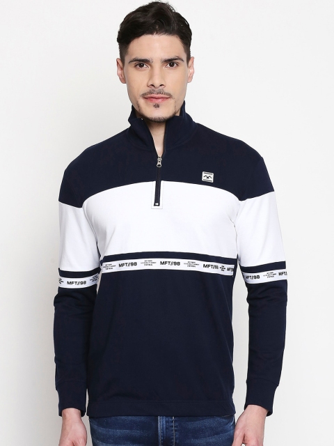 

Mufti Men Navy Blue White Colourblocked Mandarin Collar Pure Cotton T-shirt