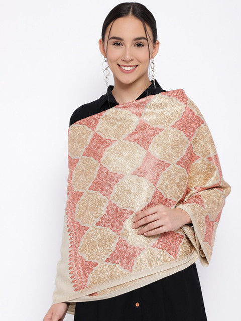 

Pashmoda Women Gold-Coloured & Pink Aari Embroidered Woolen Shawl