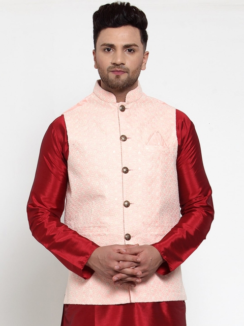 

Jompers Men Pink Embroidered Regular Fit Nehru Jacket