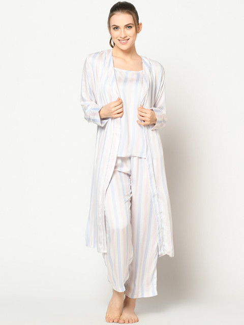 

SQew Women 3 Pcs White & Purple Striped Night Suit