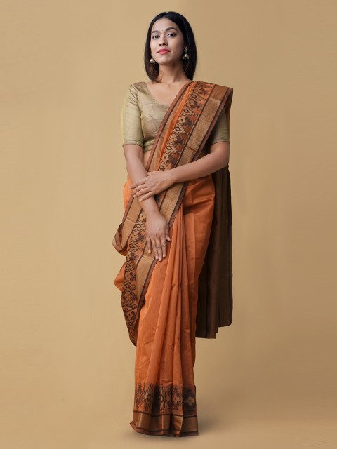 

Unnati Silks Orange Silk Cotton Striped Banarasi Saree