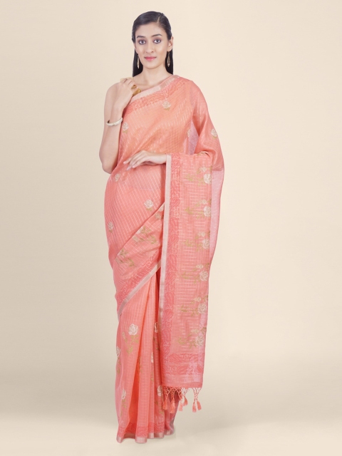 

Kasat Peach-Coloured & Gold-Toned Silk Blend Printed Banarasi Saree