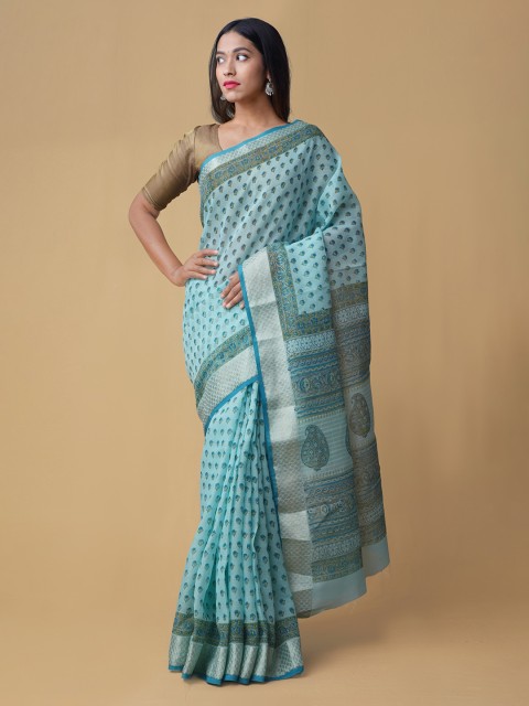 

Unnati Silks Blue Printed Pure Linen Handloom Saree