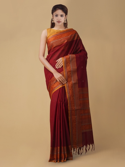 

Unnati Silks Maroon Solid Pure Kanchi Cotton Handloom Saree