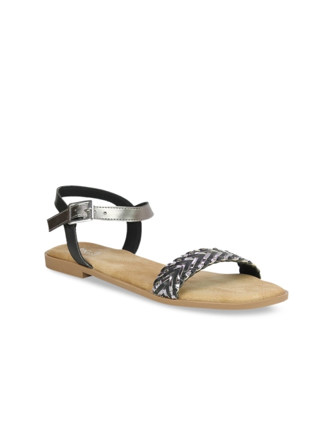 

Inc 5 Women Black & Silver Woven Design Synthetic Suede Open Toe Flats