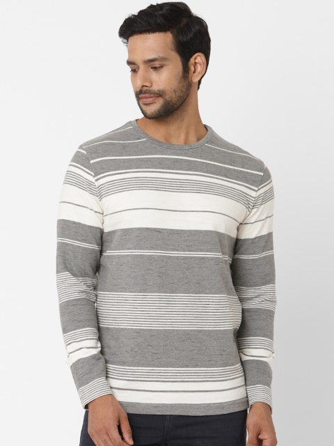 

Mufti Men Grey Melange Striped Slim Fit Round Neck T-shirt