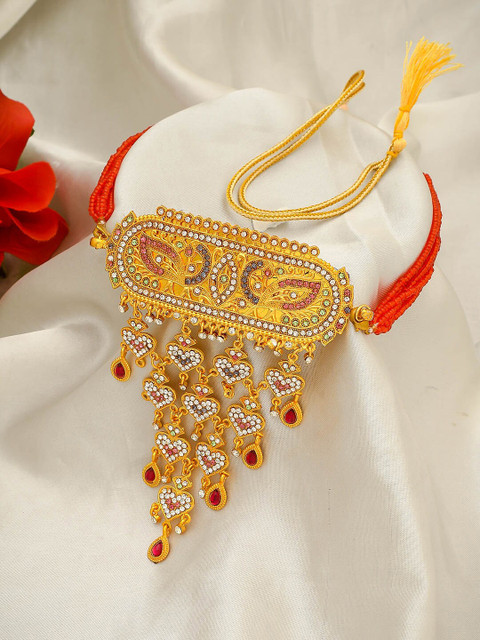 

Imittire Gold-Plated Orange Multi-Stranded Beaded Traditional Rajputi Handcrafted Choker Necklace