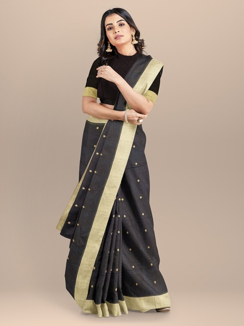BharatSthali Black & Gold-Toned Pure Silk Woven Design Chanderi Saree