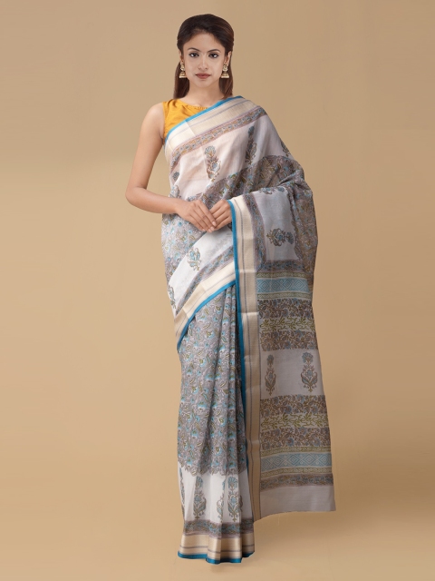 

Unnati Silks Blue & Off-White Pure Cotton Printed Chanderi Saree