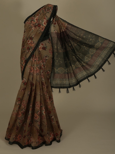 

Pothys Brown & Cream-Coloured Cotton Blend Printed Saree