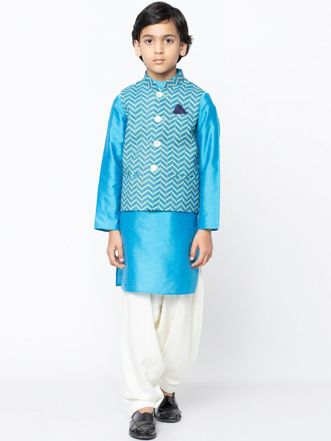 

KISAH Boys Blue & White Woven Design Kurta with Patiala & Nehru Jacket