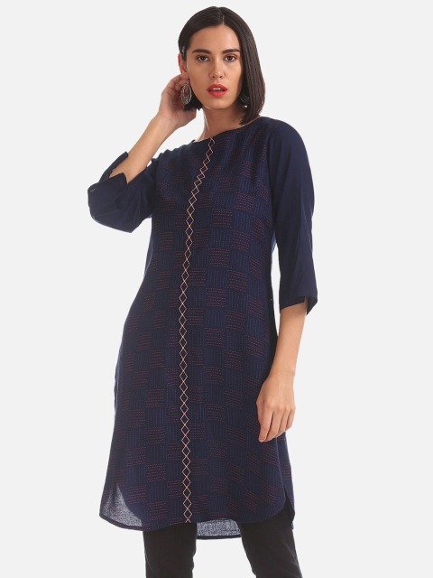 

Karigari Women Navy Blue Printed Straight Kurta