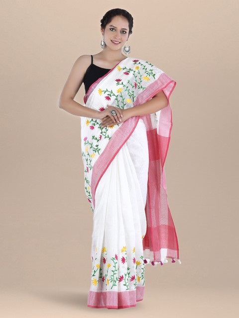 

BharatSthali White & Red Embroidered Handloom Bhagalpuri Sustainable Saree