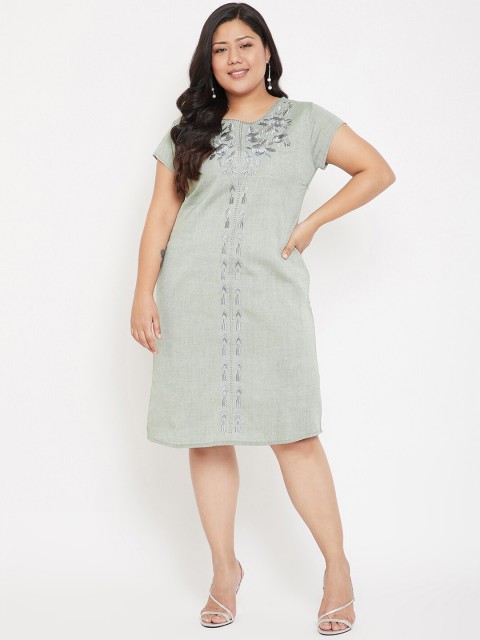 

CHROME & CORAL Women Sea Green Embroidered Sheath Dress
