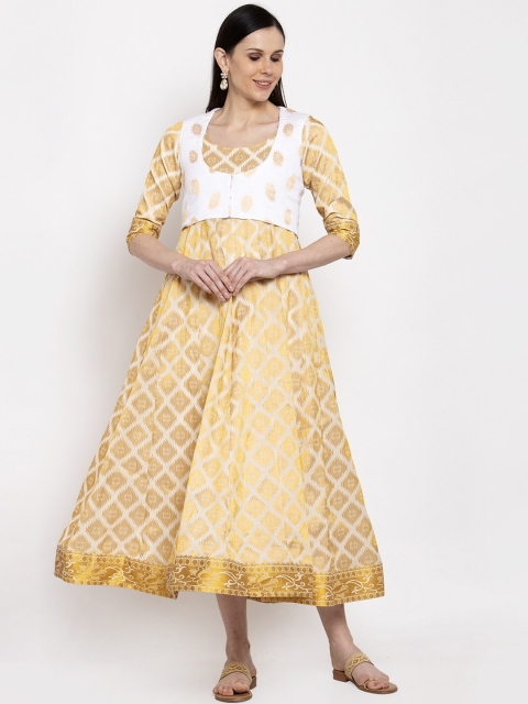 

DUGRI BE THE ONE Women White Printed A-Line Ethnic Dress With Shrug