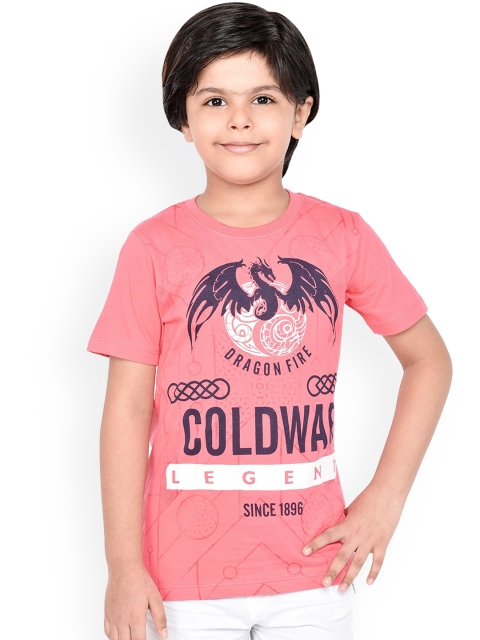 

ORANGE PUMPKKIN Boys Pink Slim Fit Printed Round Neck T-shirt