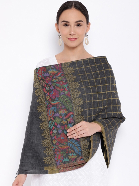 

Pashmoda Women Charcoal Grey & Green Checked Woolen Kaani Shawl