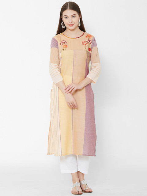 

Os Women Yellow & Beige Striped Straight Kurta