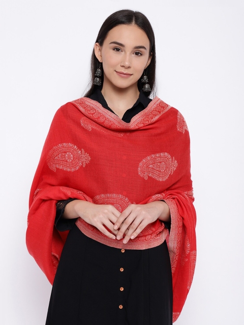 

Pashmoda Women Red Woven Design Woolmark Certified Woolen Kaani Shawl