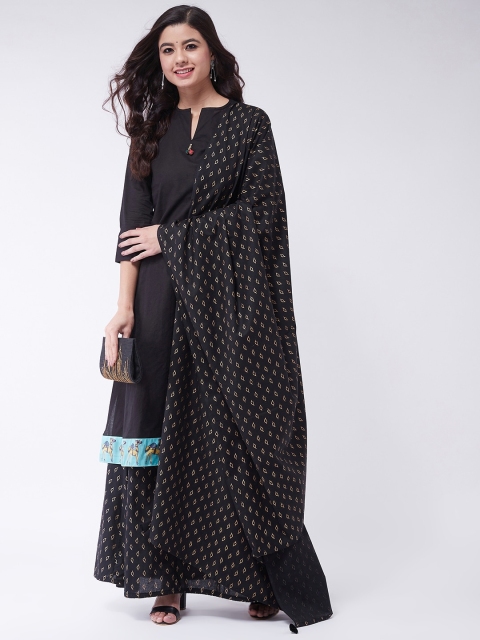 

InWeave Women Black Solid Kurta with Skirt & Dupatta
