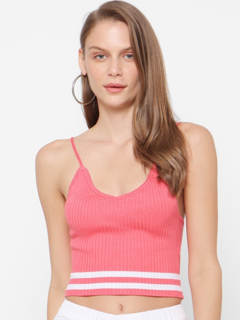 

FOREVER 21 Women Pink & White Colourblocked Fitted Crop Top