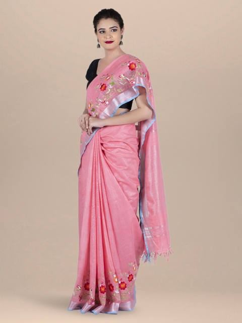 

BharatSthali Pink Solid Linen Blend Bhagalpuri Sustainable Saree