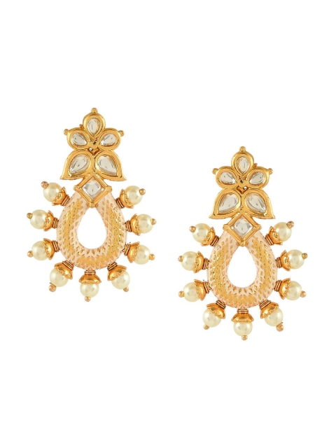 

Imittire White & Gold-Plated Teardrop Shaped Drop Earrings
