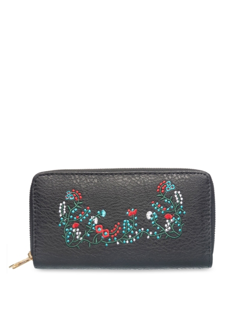 

Khadims Women Black Embroidered Zip Around Wallet