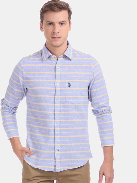 

U.S. Polo Assn. Men Blue & Yellow Regular Fit Striped Casual Shirt