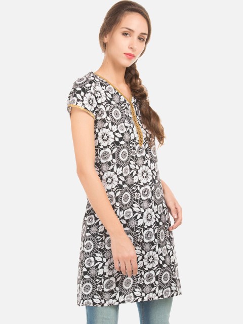 

Karigari Women Black & Off-White Printed Straight Kurta