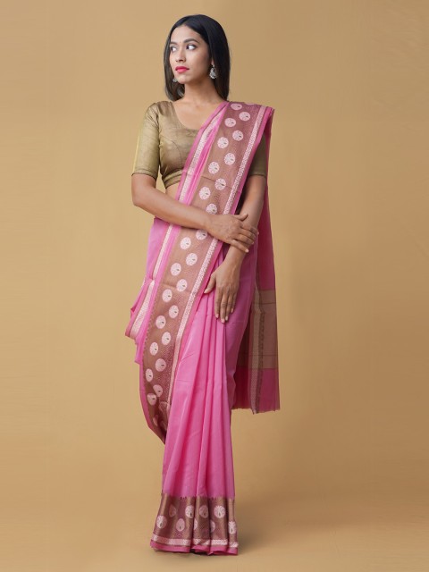 

Unnati Silks Pink Silk Cotton Checked Banarasi Saree