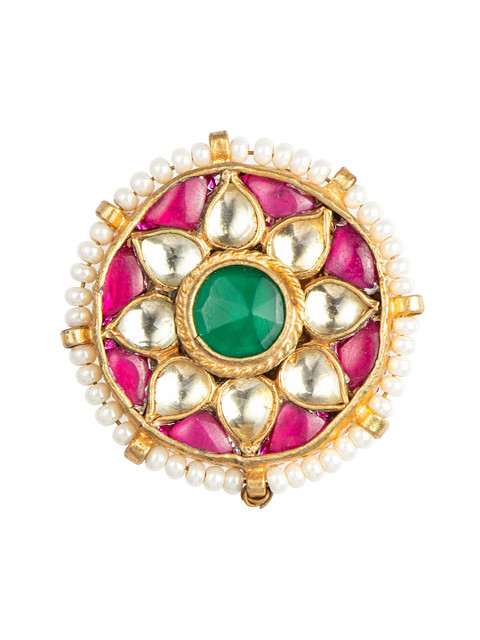 

MORKANTH JEWELLERY Gold-Plated Pink & Green Pachhi Kundan Studded Handcrafted Adjustable Finger Ring