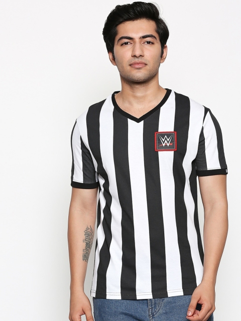 

The Souled Store Unisex White & Black Striped V-Neck Slim Fit T-shirt