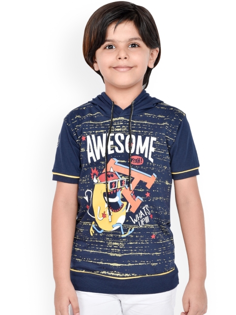 

ORANGE PUMPKKIN Boys Navy Blue Printed Hood T-shirt