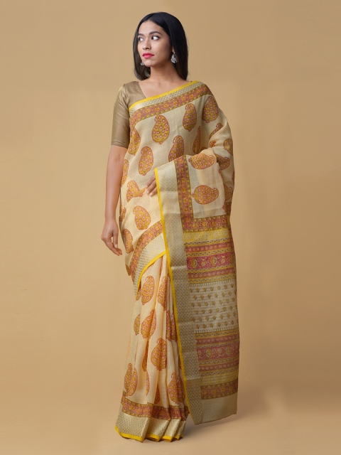 

Unnati Silks Yellow & Gold-Toned Pure Linen Printed Saree
