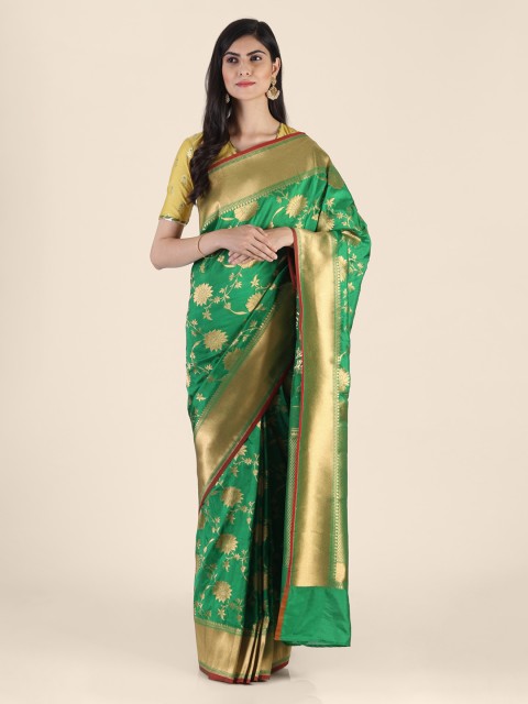 

Shruti and Mangaaysh Green & Gold-Toned Silk Blend Woven Design Banarasi Saree